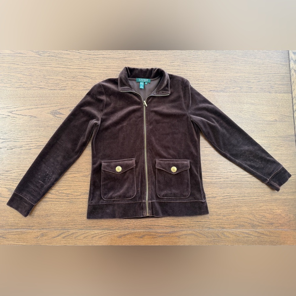 Lauren Ralph Lauren Brown Velour Zip-Up Jacket